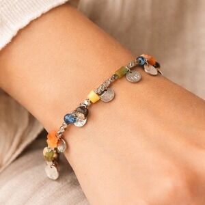 Chicos Silver Tone Multicolor Bead Charm Bracelet Boho Coin Dangle 7.5 Inch